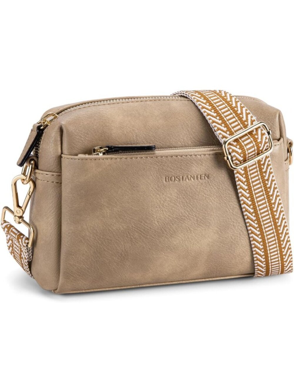 Women's Light Brown Leather Triple Zip Crossbody Bag Purse with Shoulder Strap